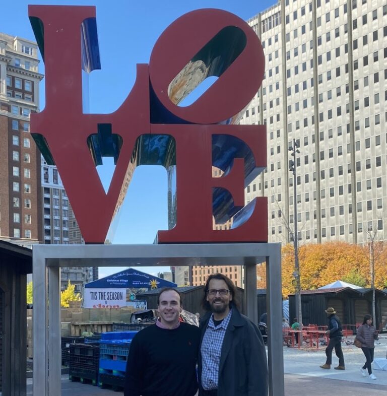Moberg Analytics Blogs Media: Ethan Moyer and Craig Maddux in front of the Philadelphia Love Park Statue