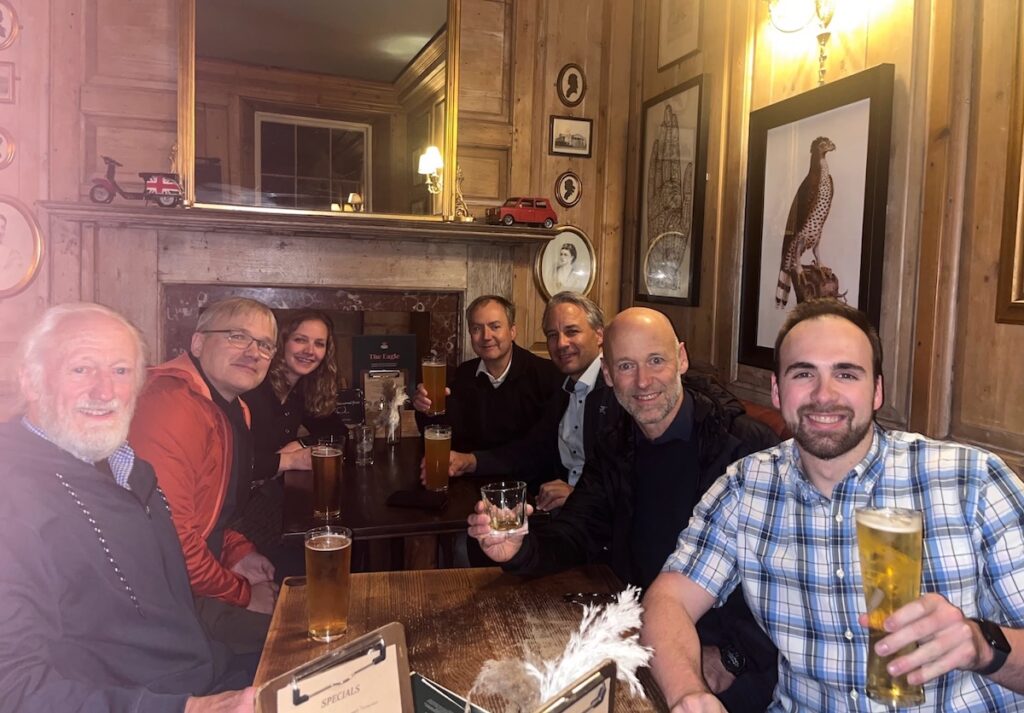 A celebratory round of drinks at the Eagle bar in Cambridge, the place where Francis Crick and James Watson announced on 28 February 1953 that they had "discovered the secret of life" after they had come up with their proposal for the structure of DNA.